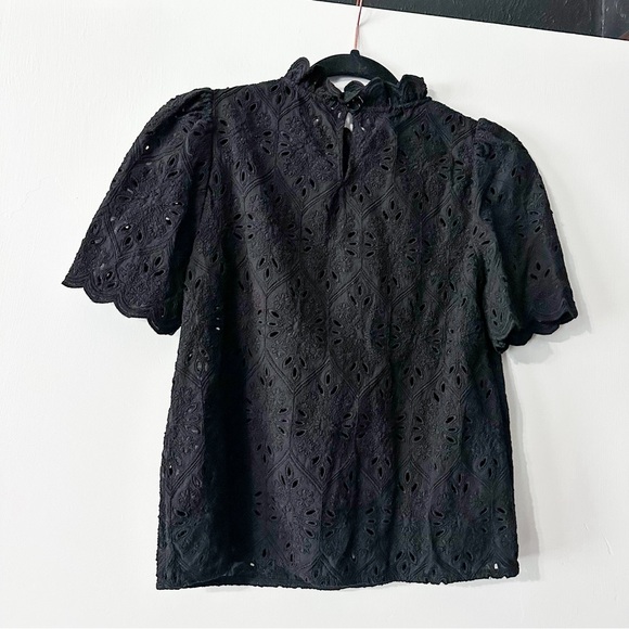 Sezane Louisah Eyelet Lace Short Sleeve High Neck Blouse Black Size 34 US 2 - Picture 6 of 7